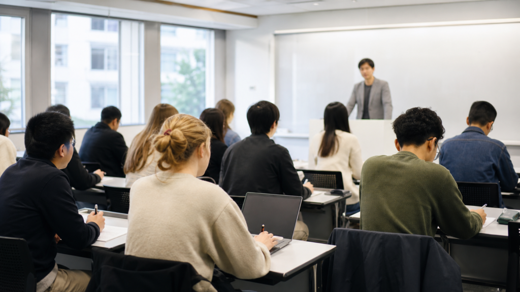 日本大學教室中專心上課的大學生