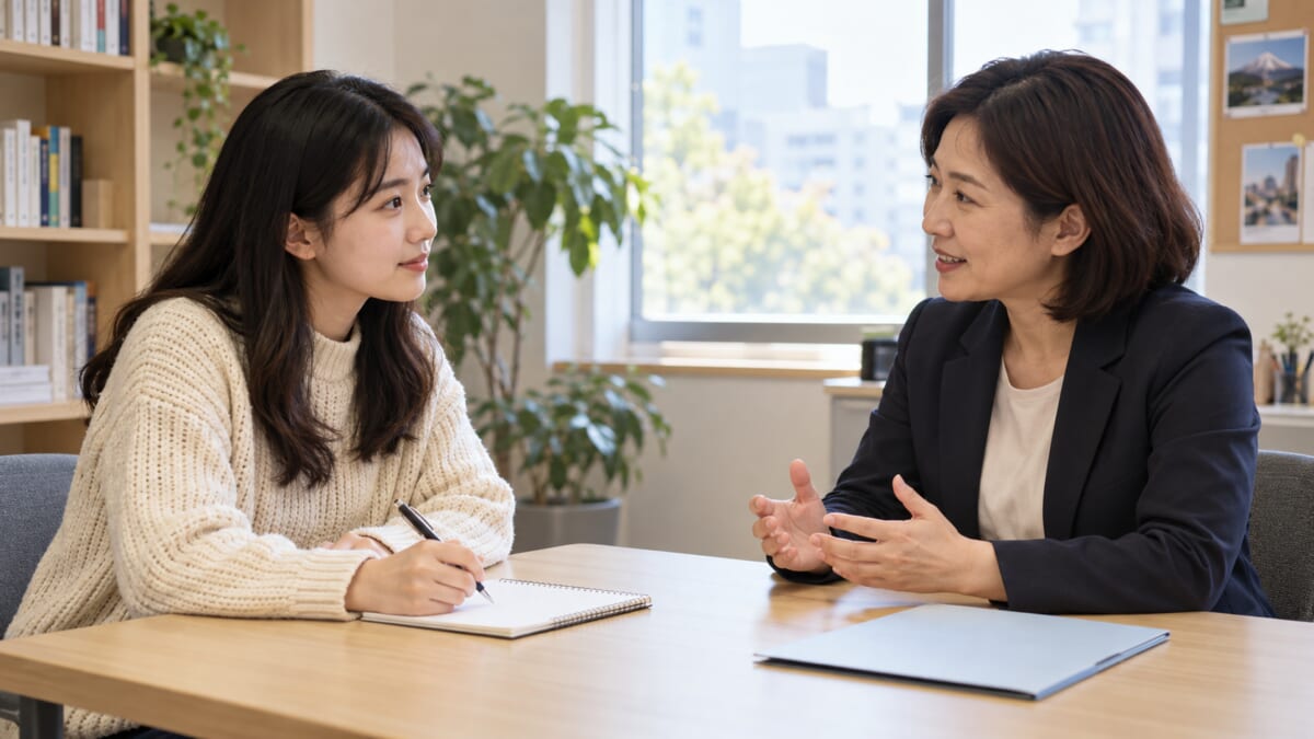 學生與就職顧問討論求職方向