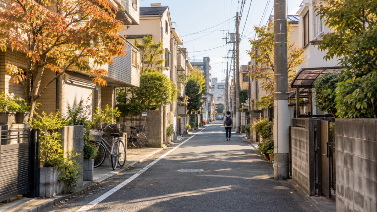 背著背包的學生走在日本住宅區的通學路上