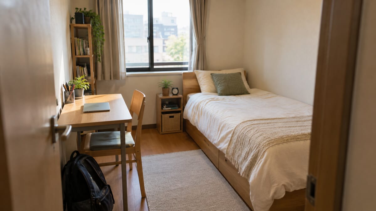 設有書桌與單人床的簡約學生居住空間